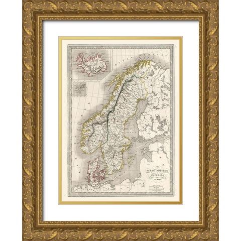 Europe Sweden Norway Denmark - Monin 1839 Gold Ornate Wood Framed Art Print with Double Matting by Monin