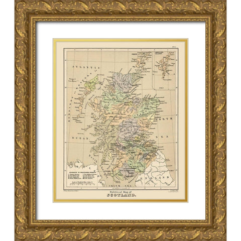 Scotland - Political Map -  Allen Gold Ornate Wood Framed Art Print with Double Matting by Allen