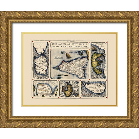 Mediterranean - Ortelius 1587 Gold Ornate Wood Framed Art Print with Double Matting by Ortelius