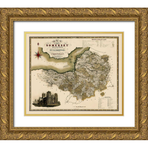 Somerset County England - Greenwood 1820 Gold Ornate Wood Framed Art Print with Double Matting by Greenwood