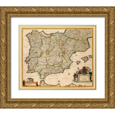 Spain Portugal - Visscher 1681 Gold Ornate Wood Framed Art Print with Double Matting by Visscher