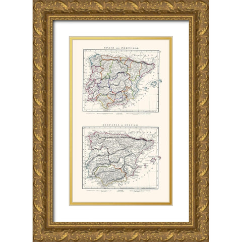 Spain Portugal - Arrowsmith 1828 Gold Ornate Wood Framed Art Print with Double Matting by Arrowsmith