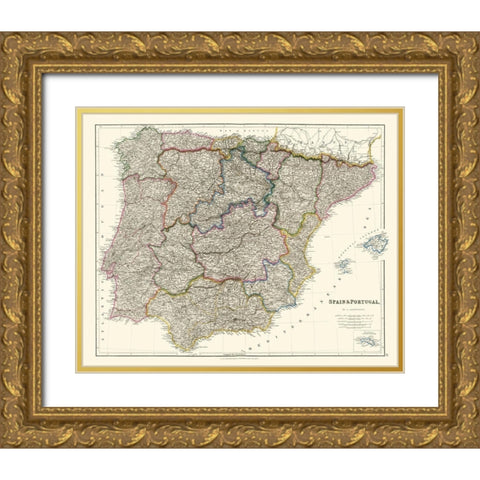 Spain Portugal - Arrowsmith 1832 Gold Ornate Wood Framed Art Print with Double Matting by Arrowsmith