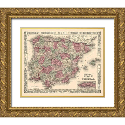 Spain Portugal - Johnson 1854 Gold Ornate Wood Framed Art Print with Double Matting by Johnson