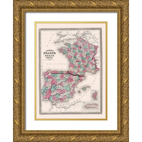 Europe Spain France Portugal - Johnson 1865 Gold Ornate Wood Framed Art Print with Double Matting by Johnson