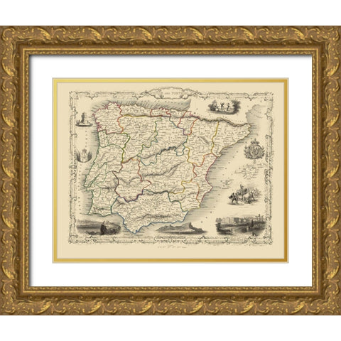 Spain Portugal - Martin 1851 Gold Ornate Wood Framed Art Print with Double Matting by Martin