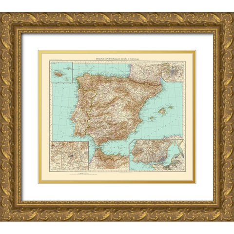 Spain Portugal - Touring Club Italiano 1929 Gold Ornate Wood Framed Art Print with Double Matting by Touring Club Italiano