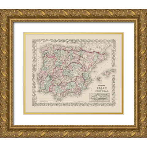 Spain Portugal - Colton 1886 Gold Ornate Wood Framed Art Print with Double Matting by Colton