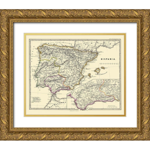 Hispania Iberian Peninsula - Perthes 1865 Gold Ornate Wood Framed Art Print with Double Matting by Perthes