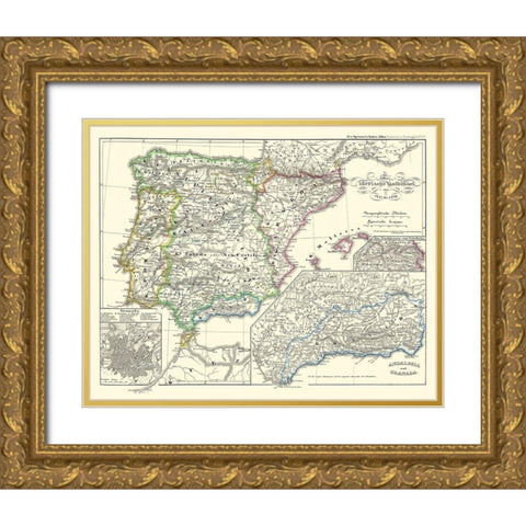 Spain Portugal - Perthes 1854 Gold Ornate Wood Framed Art Print with Double Matting by Perthes