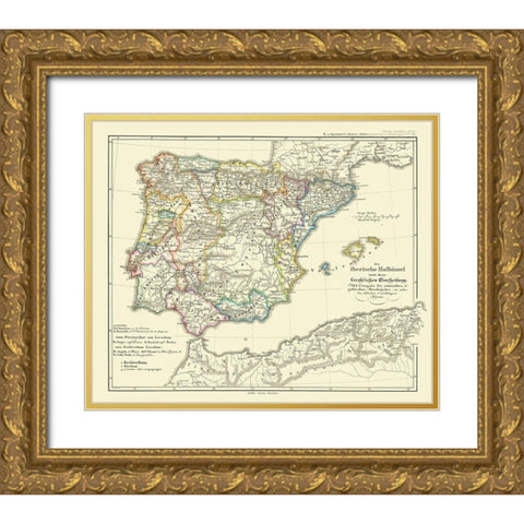Spain Portugal - Perthes 1854 Gold Ornate Wood Framed Art Print with Double Matting by Perthes