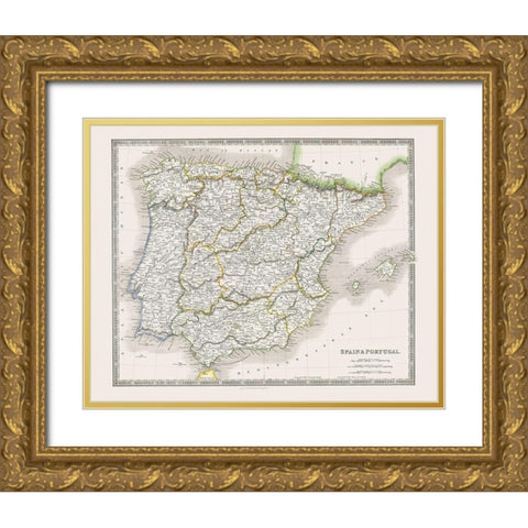 Spain Portugal - Dower 1844 Gold Ornate Wood Framed Art Print with Double Matting by Dower