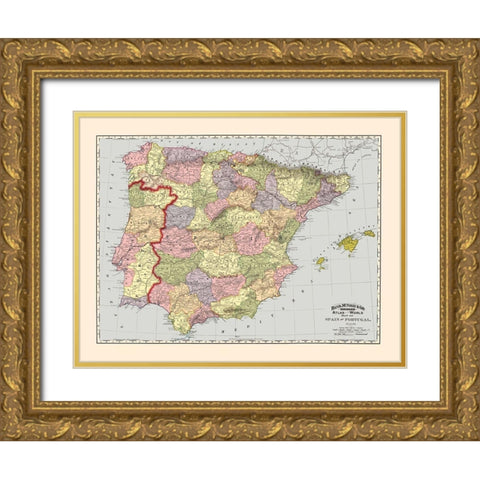 Spain Portugal - Rand McNally 1897 Gold Ornate Wood Framed Art Print with Double Matting by Rand McNally