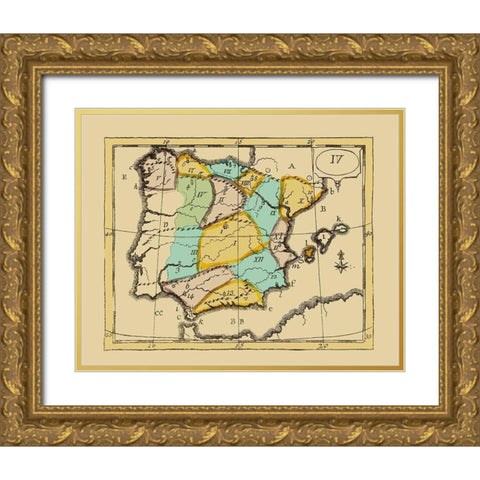 Spain Portugal - Bruyset 1784 Gold Ornate Wood Framed Art Print with Double Matting by Bruyset