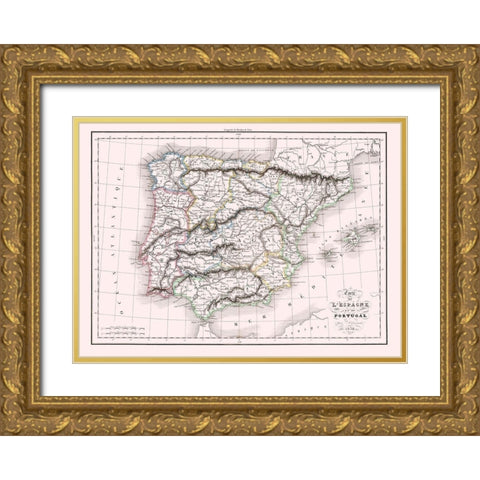 Spain Portugal - Delamarche 1847 Gold Ornate Wood Framed Art Print with Double Matting by Delamarche