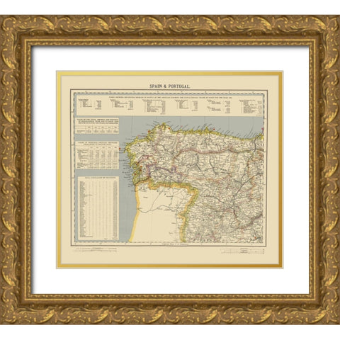 Spain Portugal - Letts 1883 Gold Ornate Wood Framed Art Print with Double Matting by Letts