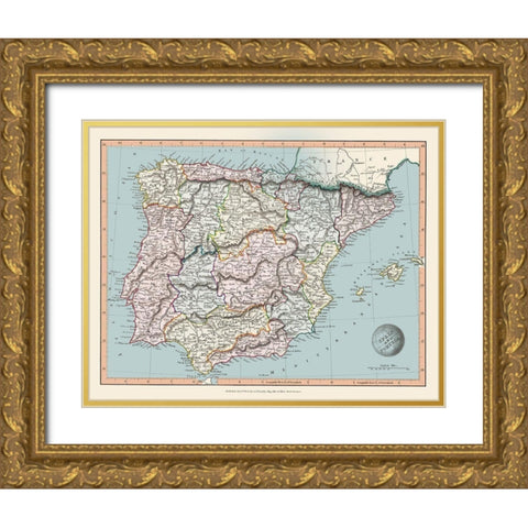 Spain Portugal - Arrowsmith 1840 Gold Ornate Wood Framed Art Print with Double Matting by Arrowsmith