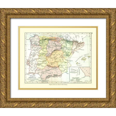 Spain Portugal Europe - Gardiner 1902 Gold Ornate Wood Framed Art Print with Double Matting by Gardiner