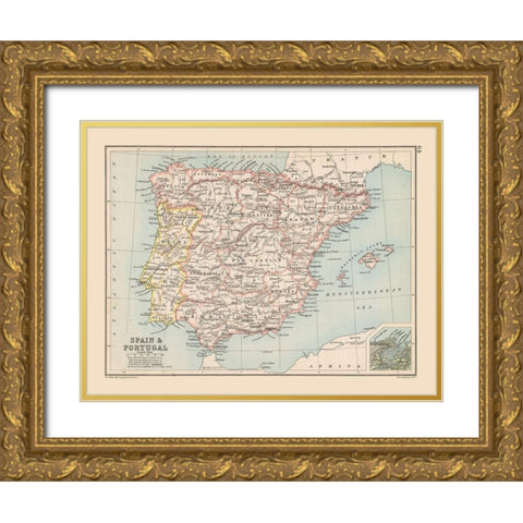 Spain Portugal - Bartholomew 1892 Gold Ornate Wood Framed Art Print with Double Matting by Bartholomew