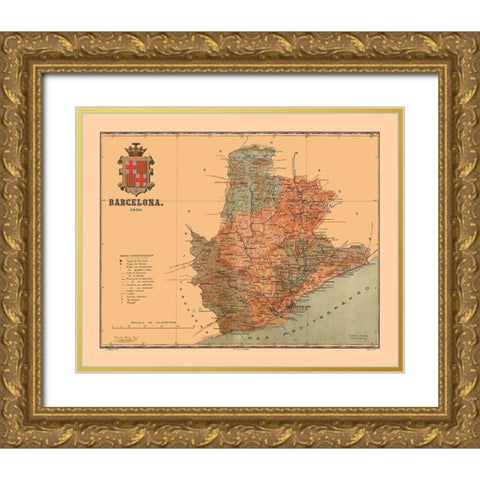 Barcelona Spain 1900 - Martine 1904 Gold Ornate Wood Framed Art Print with Double Matting by Martine