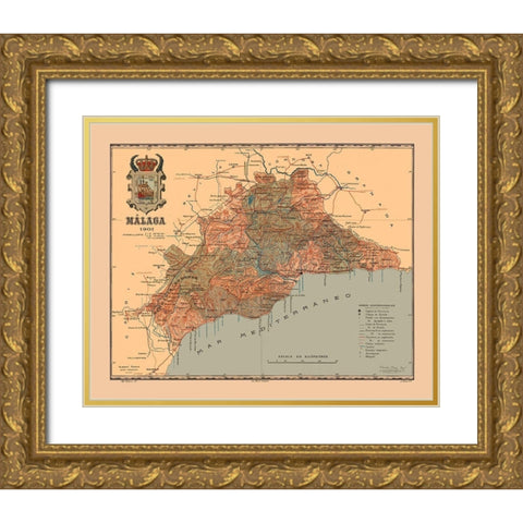 Malaga Spain 1901 - Martine 1904 Gold Ornate Wood Framed Art Print with Double Matting by Martine