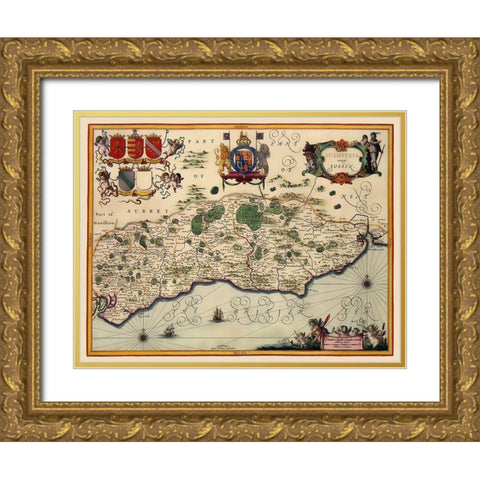 Sussex County England - Jansson 1646 Gold Ornate Wood Framed Art Print with Double Matting by Jansson