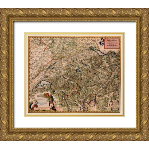 Switzerland - Visscher 1658 Gold Ornate Wood Framed Art Print with Double Matting by Visscher