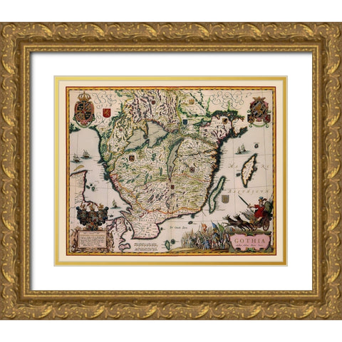 Southern Sweden - Blaeu 1662 Gold Ornate Wood Framed Art Print with Double Matting by Blaeu