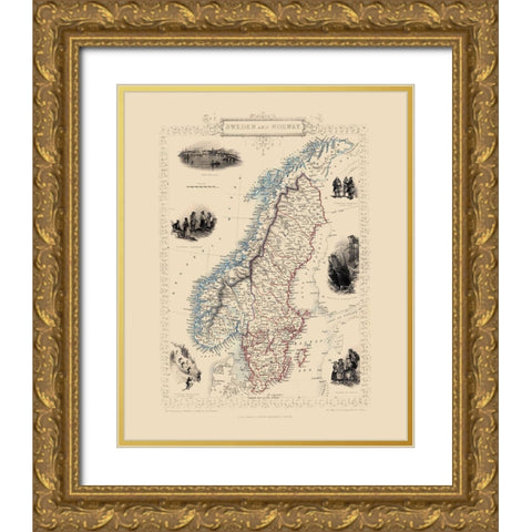 Sweden Norway - Tallis 1851 Gold Ornate Wood Framed Art Print with Double Matting by Tallis