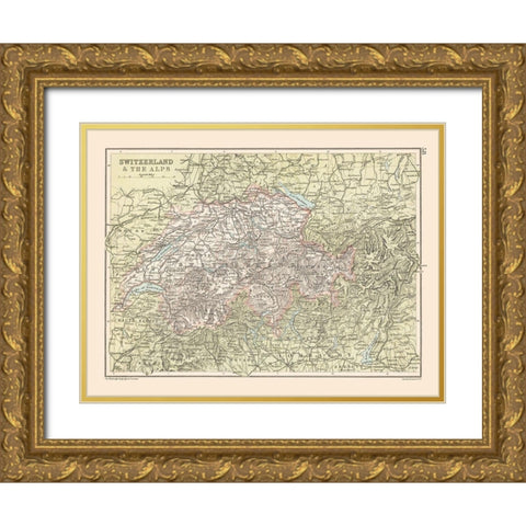 Alps Switzerland - Bartholomew 1892 Gold Ornate Wood Framed Art Print with Double Matting by Bartholomew