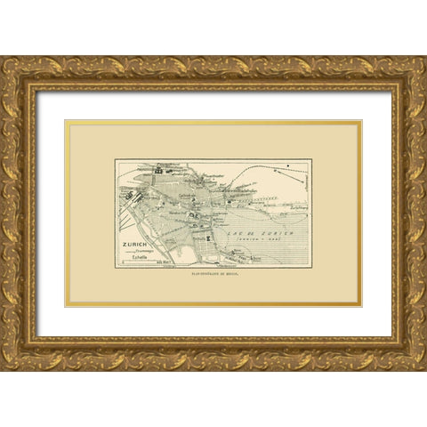Zurich Switzerland Route Plan - Swiss Guide 1917 Gold Ornate Wood Framed Art Print with Double Matting by Swiss Guide