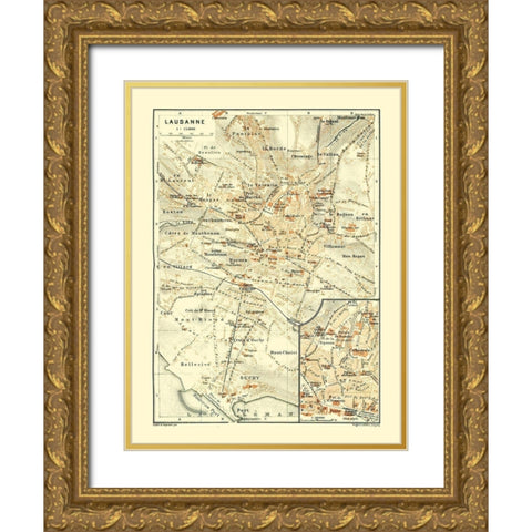 Lausanne Switzerland - Baedeker 1921 Gold Ornate Wood Framed Art Print with Double Matting by Baedeker