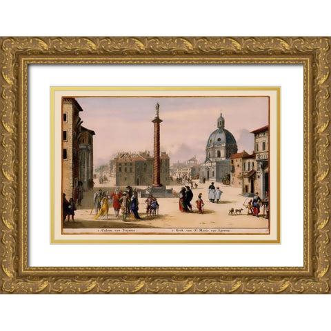 Trajan Column Rome Italy - Visscher 1681 Gold Ornate Wood Framed Art Print with Double Matting by Visscher