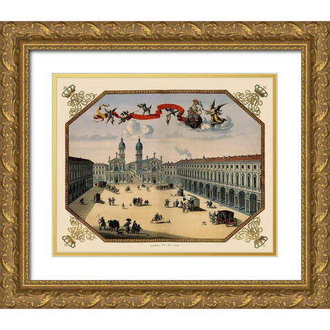 Turin Panoramic Italy - Blaeu 1682 Gold Ornate Wood Framed Art Print with Double Matting by Blaeu