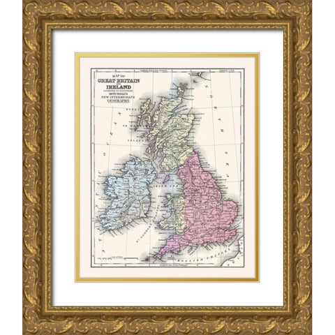 Great Britain Ireland - Mitchell 1877 Gold Ornate Wood Framed Art Print with Double Matting by Mitchell