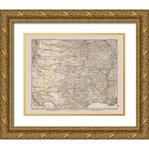 South Central United States - Stieler 1885 Gold Ornate Wood Framed Art Print with Double Matting by Stieler