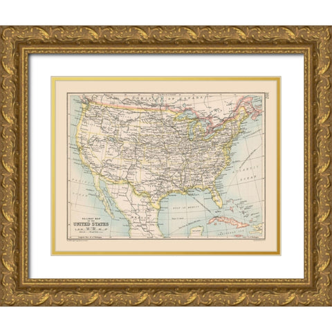 Railway Map of United States - Bartholomew 1892 Gold Ornate Wood Framed Art Print with Double Matting by Unknown