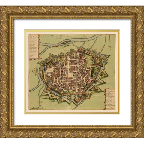 Vercelli Panoramic Italy - Blaeu 1682 Gold Ornate Wood Framed Art Print with Double Matting by Blaeu