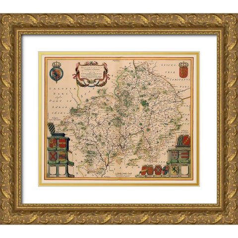 Warwickshire Worcestershire England - Jansson 1646 Gold Ornate Wood Framed Art Print with Double Matting by Jansson