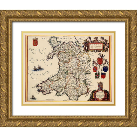 Wales - Blaeu 1645 Gold Ornate Wood Framed Art Print with Double Matting by Blaeu