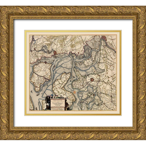 Waasland Region Belgium - Visscher 1681 Gold Ornate Wood Framed Art Print with Double Matting by Visscher