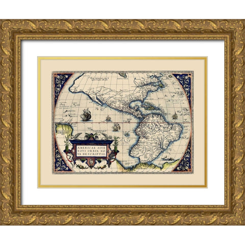 Western Hemisphere - Ortelius 1572 Gold Ornate Wood Framed Art Print with Double Matting by Ortelius