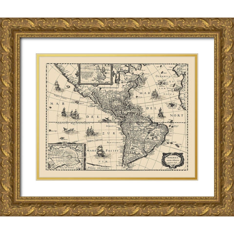 Western Hemisphere - Hondius 1640 Gold Ornate Wood Framed Art Print with Double Matting by Hondius