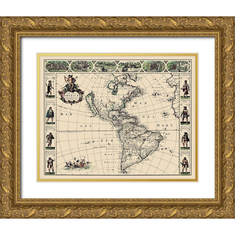 Western Hemisphere - De Wit 1660 Gold Ornate Wood Framed Art Print with Double Matting by De Wit