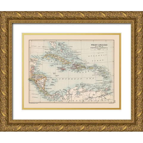 West Indies Central America - Bartholomew 1892 Gold Ornate Wood Framed Art Print with Double Matting by Bartholomew