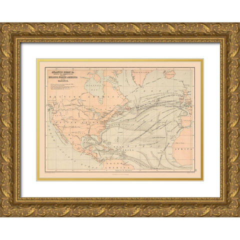 Telegraph Lines Europe America - Black 1867 Gold Ornate Wood Framed Art Print with Double Matting by Black