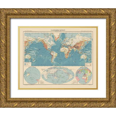 Physical Planisphere Terrain Floor - Schrader 1908 Gold Ornate Wood Framed Art Print with Double Matting by Schrader