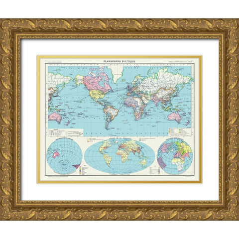Political Planisphere - Schrader 1908 Gold Ornate Wood Framed Art Print with Double Matting by Schrader