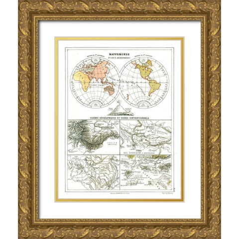 World Hemispheres - Cortambert 1880 Gold Ornate Wood Framed Art Print with Double Matting by Cortambert