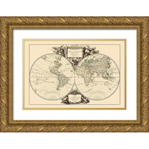 World - Vaugondy 1752 Gold Ornate Wood Framed Art Print with Double Matting by Vaugondy